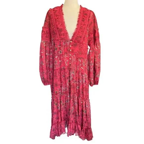Free People | Dresses | Free People Cassis Printed Chiffon Maxi Dress In  Red High Low Medium | Poshmark